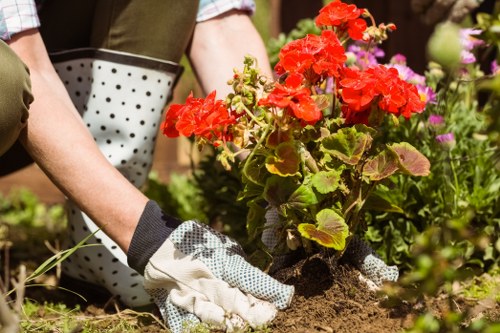 Professional gardeners following safe working methods outdoors